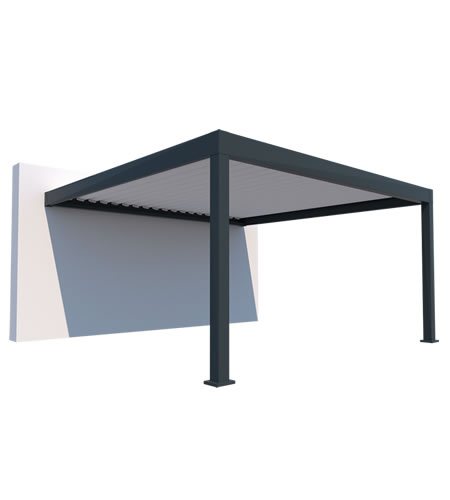 Pergola mit Wandanschluss und senkrecht-angeordneten Dachlamellen Pergola mit Wandanschluss und senkrecht-angeordneten Dachlamellen
